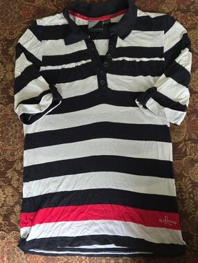 Volcom Limited Edition Women's Black & White Striped Polo Red Band 3/4 Sleeve